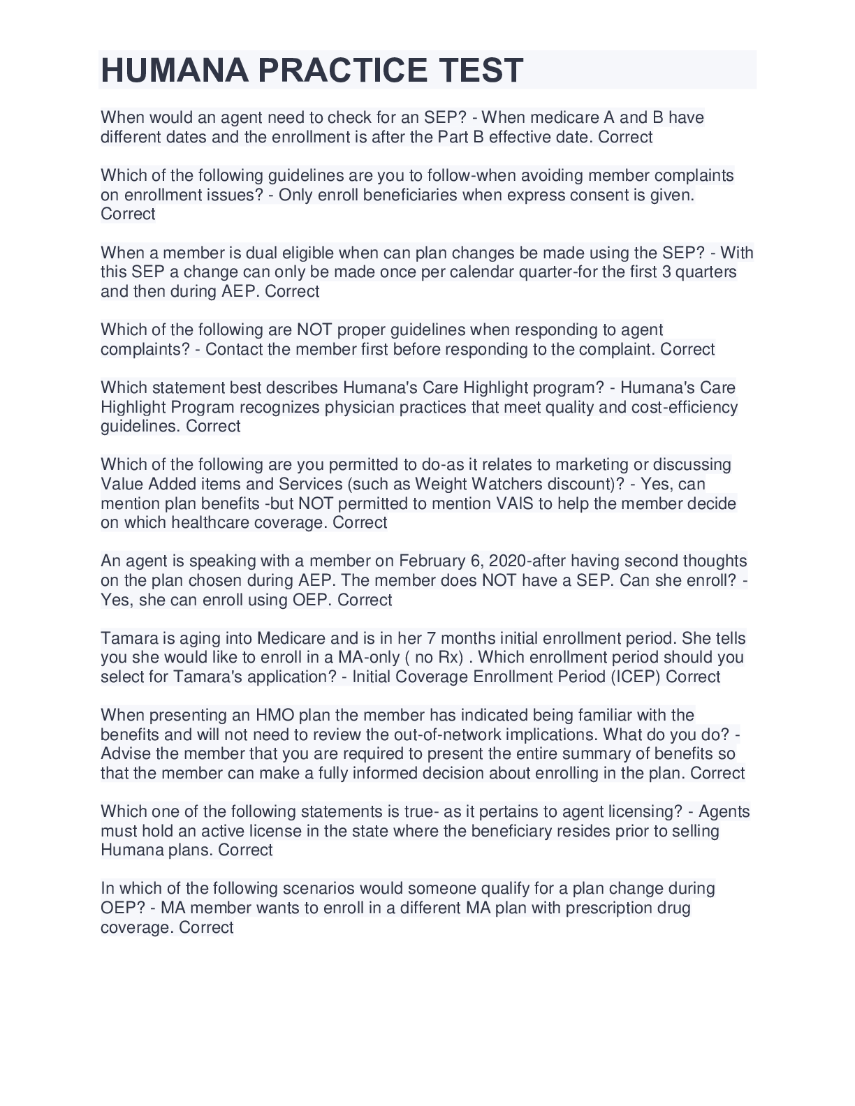 Preview image of HUMANA PRACTICE TEST document